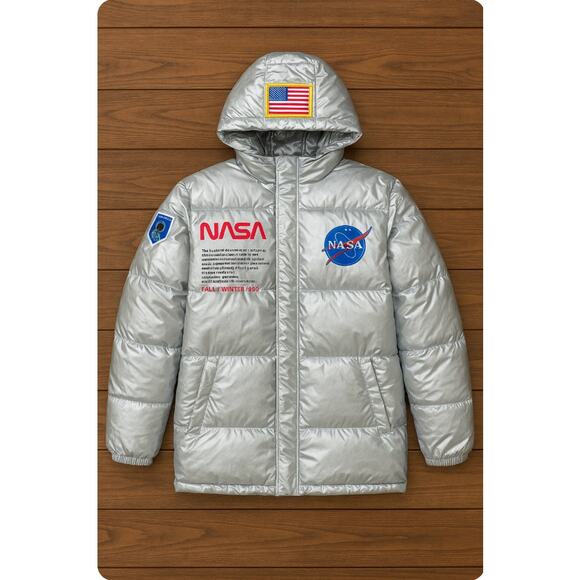 NASA Silver Puffer Jacket by Sen Li Lang Unisex Hooded Metallic Space Coat L - Picture 2 of 12